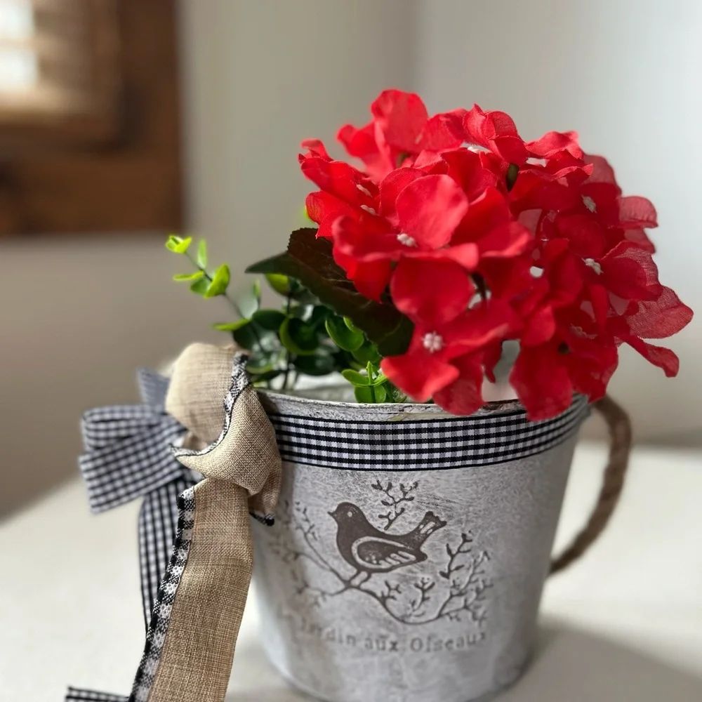 Charming Red Floral arrangement boho bow Bucket by new